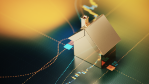 Modern buildings and smart home hologram on golden background