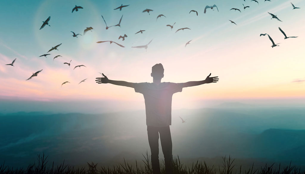 A man with open hands in valley and birds flying in sky