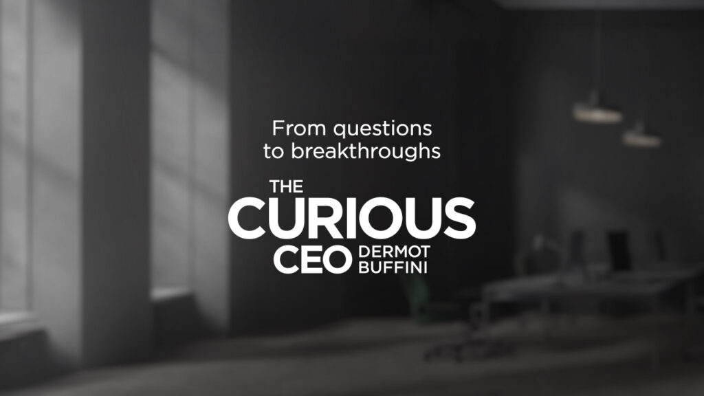 A picture of a darkened meditated room with The Curious CEO logo